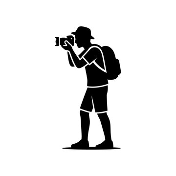 Black silhouette of traveler photographer with camera and backpack on transparent background, ideal for travel blogging, tourism flyers, and hobby icons.