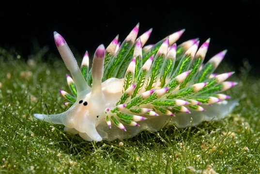 Extreme macro portrait of a glowing Leaf Sheep sea slug (Costasiella kuroshimae) on green algae