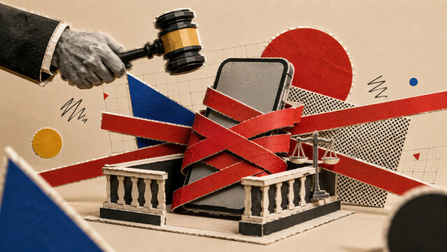 Judge's gavel over a smartphone bound in red tape between courthouse facades. Social media bans and platform litigation