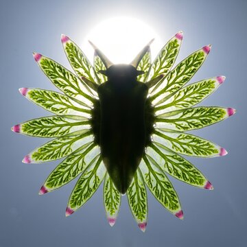 Ventral silhouette of a leaf sheep sea slug backlit to show glowing photosynthetic cerata