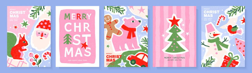 Obraz premium Set of Christmas greeting cards in paper-cut style with grainy texture, featuring Santa, squirrel and snowman. Cute holiday posters for seasonal celebration and decor, vector illustration.