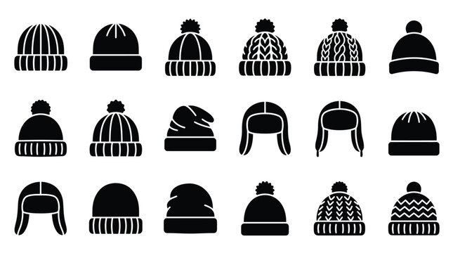 Collection of eighteen winter hat icons including beanies, knit caps with pom-poms, ushankas, and trapper hats with ear flaps. Black silhouette style vector set isolated on white background.
