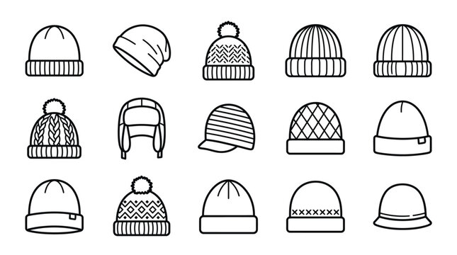 Collection of fifteen winter hat icons and beanie line art symbols including pom-pom caps, ribbed knit headwear, earflap hats, and slouchy beanies isolated on a white background.
