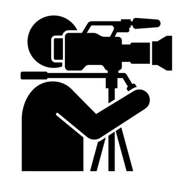 Professional videographer silhouette black icon with broadcast camera and tripod for film production media journalism television studio commercial advertising.