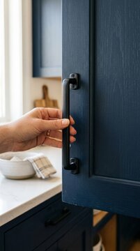 Hand opening dark blue kitchen cabinet door