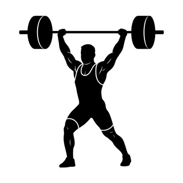 Weightlifter silhouette featuring black muscular athlete lifting heavy barbell for fitness bodybuilding training sports competition gym vector graphic design element.