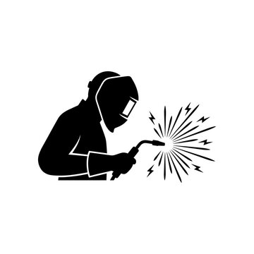 Welder silhouette featuring black industrial arc flame elements for construction metalwork professional service vector illustration on transparent isolated background.