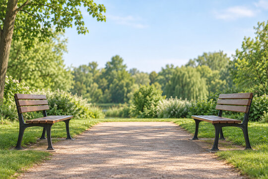 Two empty park benches facing across a quiet path
