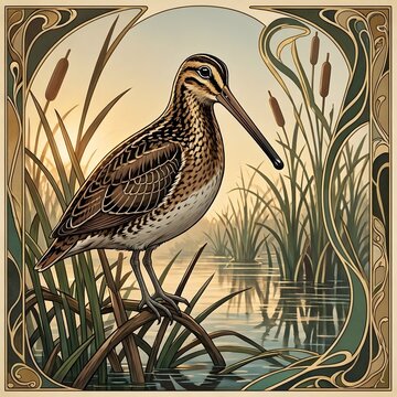 아르누보 디자인 배경, 도요새, jpeg (Art Nouveau Design Background, snipe, jpeg)