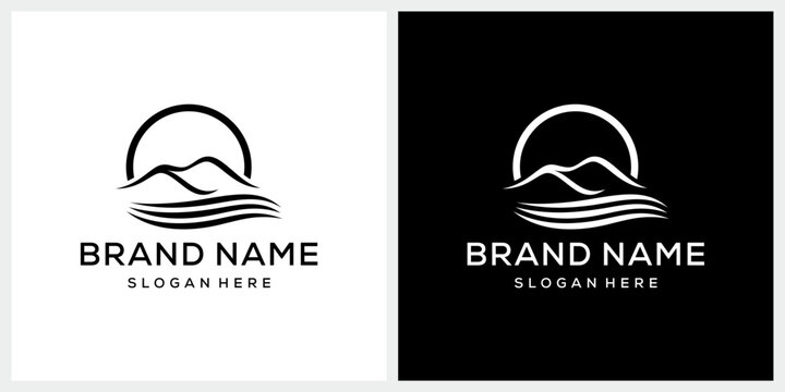 Mountain peak summit rocky with wave river lake creek for adventure outdoor logo design