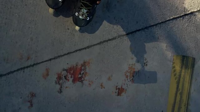 Person balancing on inline skates, top-down view over pavement beside a yellow tactile strip, showing urban skating practice, foot control, coordination, mobility training and recreational fitness