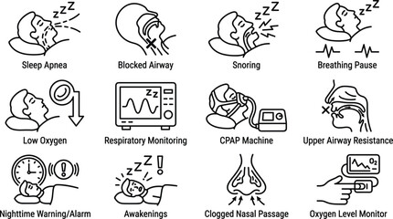 Obraz premium Respiratory Protection and Smoke Safety Line Icon Set Featuring Breathing Protection, Air Pollution, Smoke Exposure, Protective Masks, Lung Health, Safety Measures, Prevention and Healthcare 