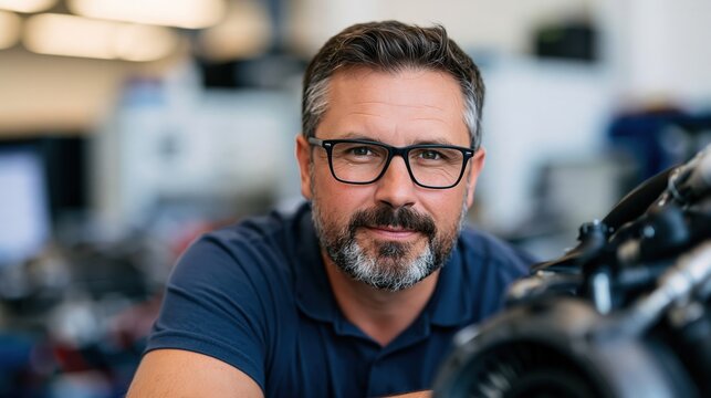 Aerospace engineer examining propulsion component in bright laboratory