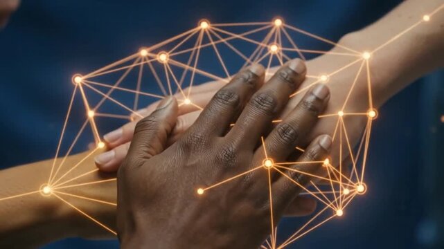 Diverse Human Hands Connecting Through a Glowing Digital Network Interface Representing Global Unity and Technology