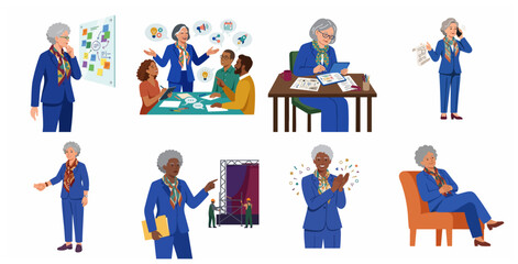 Fototapeta premium Professional Senior Businesswoman Character Set Illustrating Leadership, Teamwork, Strategy, and Success in Various Business Scenarios