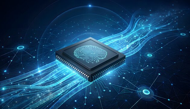 Ai microchip processor with glowing digital brain neural network