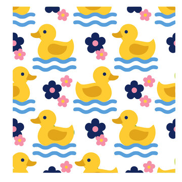 Yellow rubber ducks and flowers seamless pattern