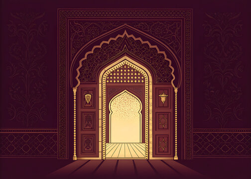 Mughal-inspired Indian doorway with pointed arch and ornamental patterns, dark burgundy and antique gold, premium minimalist vector style