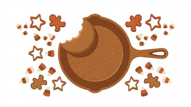Gingerbread cast iron skillet with bite mark and holiday cookies flat vector illustration