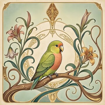 아르누보 디자인 배경, 모란앵무, jpeg (Art Nouveau Design Background, Lovebird, jpeg)