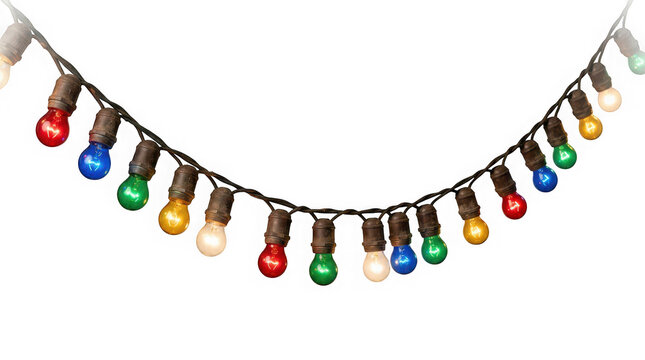 String of colorful decorative light bulbs isolated on transparent background