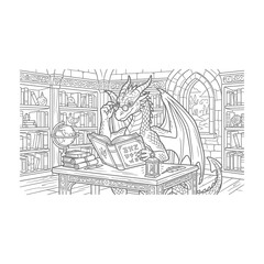 Fototapeta premium Wise Dragon Reading Book in Library Coloring Page.