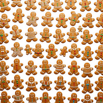 Seamless pattern of gingerbread men cookies isolated on transparent background