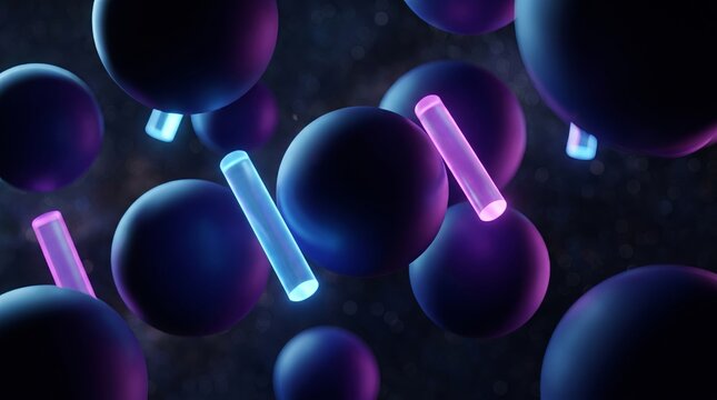Abstract background of glowing purple and blue spheres with neon cylinders.