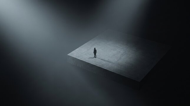 Tiny silhouette standing on floating concrete platform illuminated by light beam.
