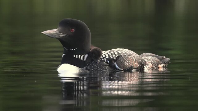Common loon on a lake with a chick