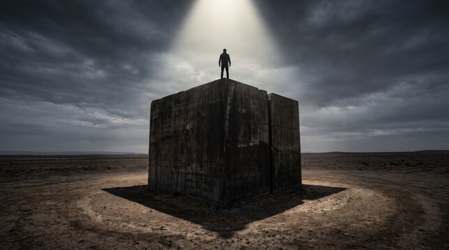 Man standing on top of weathered concrete monolith cube in desert landscape.