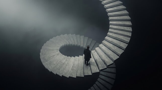 Man stands on floating spiral concrete staircase descending into dark void space.