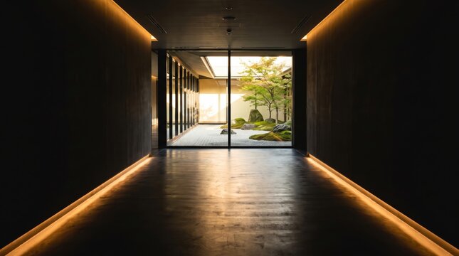 Modern minimalist hallway with illuminated edges leading to tranquil Japanese Zen garden.