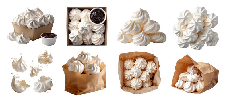 Set of light sweet crispy Meringue Cookie, Classic French confections biscuit treat, takeout box with chocolate dip, paper brown craft bag, stack pile broken bite, transparent cutout PNG Mockup