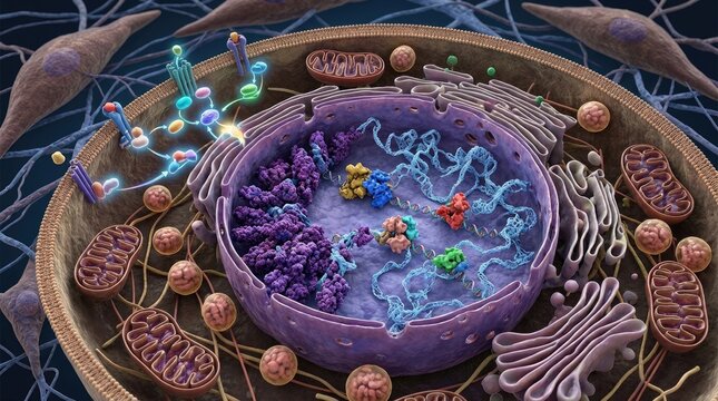 Stem cell cross section visualizing active nuclear dna transcription, mitochondrial energy membrane, endoplasmic reticulum network, signaling receptor protein pathway, cytoplasm organelles anatomy.