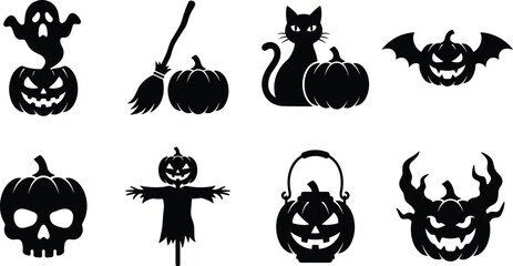 Fototapeta premium Halloween pumpkin character silhouettes vector icon set featuring ghost, witch broom, black cat, skull, scarecrow, and lantern.