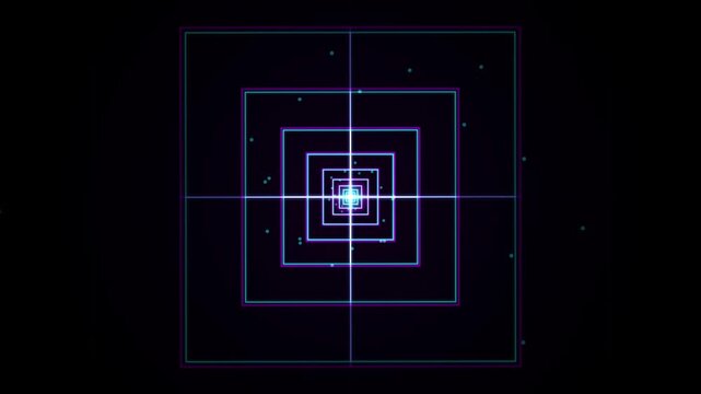 Neon digital grid tunnel with glowing square lines rotating and fading in retro synthwave style.