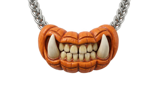 Pumpkin monster teeth pendant necklace with sharp fangs isolated on transparent background