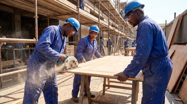Construction workers using circular saw to cut plywood panel on building site.