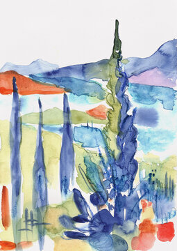 Mediterranean Landscape with Cypress Trees, Expressive Hand-Painted Watercolor