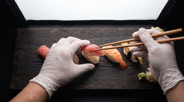 Chef hands in white gloves preparing fresh sushi nigiri on dark wooden platter.