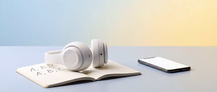 Wireless headphones and smartphone on desk with notebook