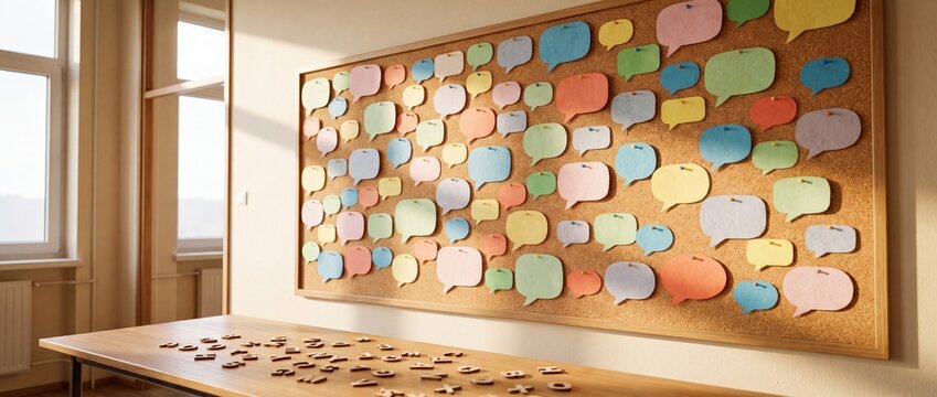 Colorful speech bubbles on corkboard in classroom setting