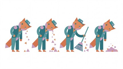 Fototapeta premium Geometric fox janitor illustration sequence shaking sawdust from ears and sweeping