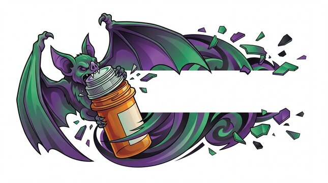 Vampire bat gnawing jammed medicine bottle cap vector illustration