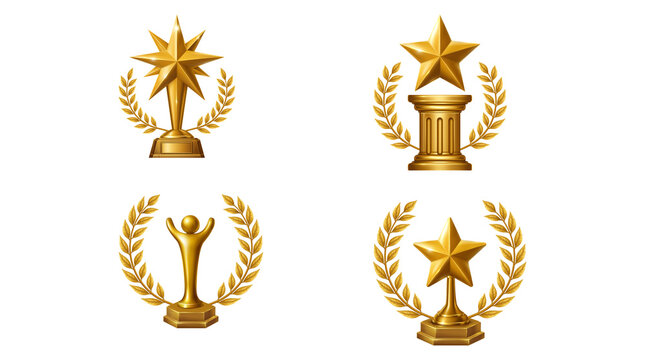 Golden trophy awards collection, 4 shiny gold star and laurel wreath trophies, premium achievement medals for sports and business success