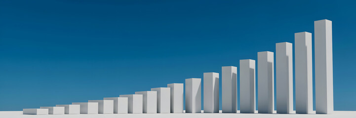 A bar chart showing a steady upward growth trend with white rectangular bars of increasing heights against a clear, bright blue sky