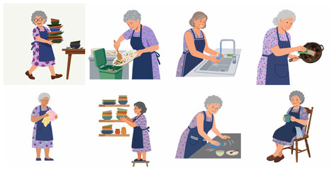 Fototapeta premium Senior woman character set performing various kitchen chores and housekeeping activities, flat vector illustration