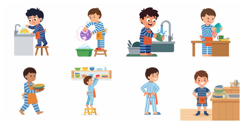 Fototapeta premium Little boy washing dishes and doing household chores cartoon vector illustration set
