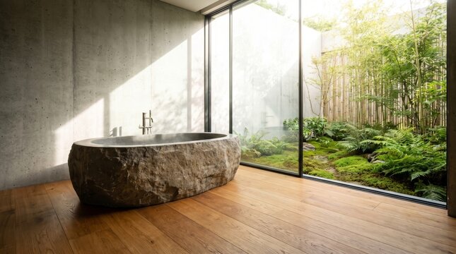 Zen bathroom with natural stone tub overlooking lush green garden tranquility.